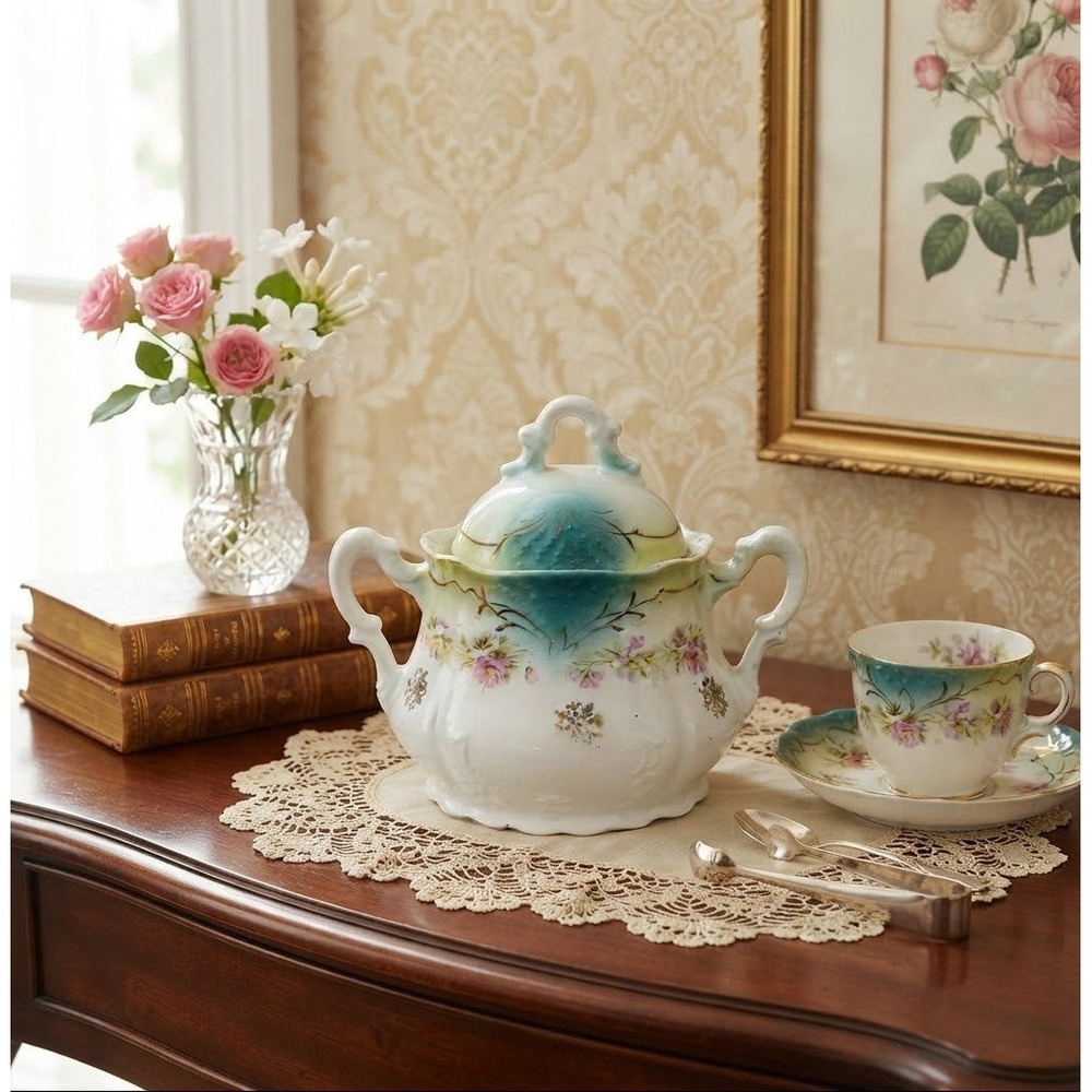 Antique Three Crown China Germany Lidded Sugar Bowl Floral Teal Gold 1909-1916